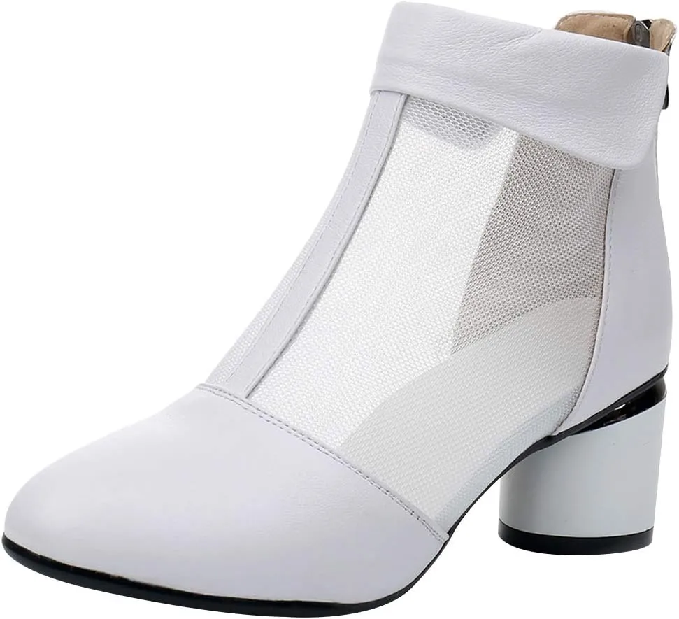 ANUFER Women's Elegant Block Heel Ankle Boots Breathable Mesh Hollowed-out Summer Booties Pumps