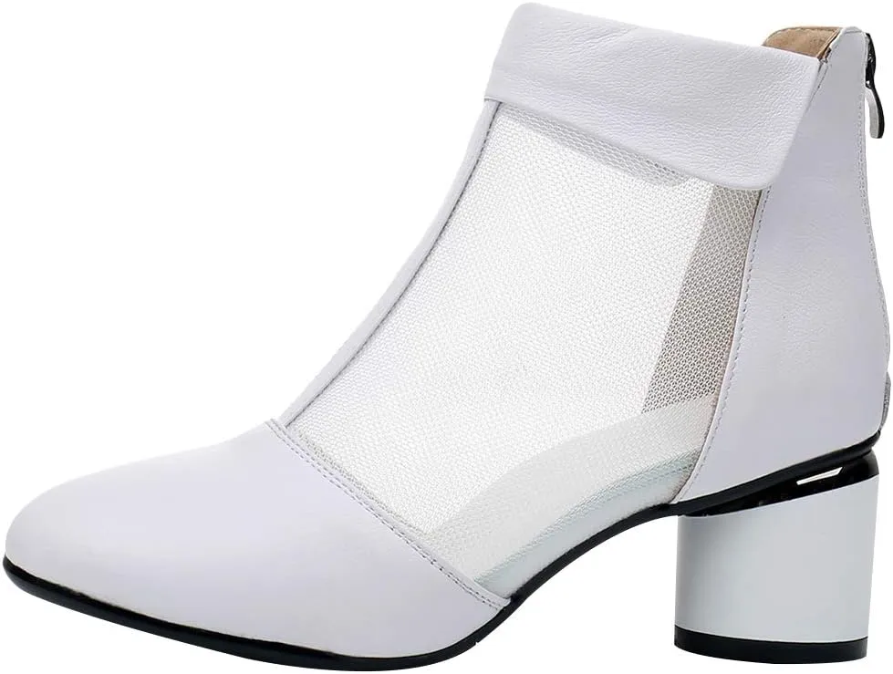 ANUFER Women's Elegant Block Heel Ankle Boots Breathable Mesh Hollowed-out Summer Booties Pumps