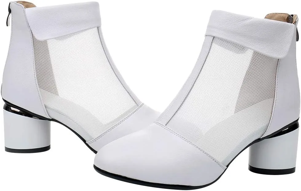 ANUFER Women's Elegant Block Heel Ankle Boots Breathable Mesh Hollowed-out Summer Booties Pumps