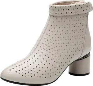 ANUFER Women's Elegant Block Heel Ankle Boots Breathable Mesh Hollowed-out Summer Booties Pumps