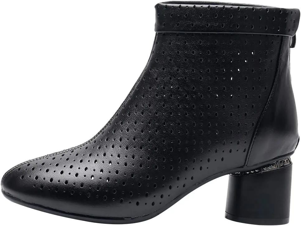 ANUFER Women's Elegant Block Heel Ankle Boots Breathable Mesh Hollowed-out Summer Booties Pumps