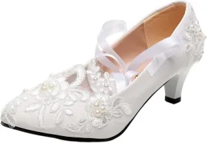 ANUFER Womens Elegant Lace Embroidery Flat/Heeled White Wedding Shoes Pumps with Pearls