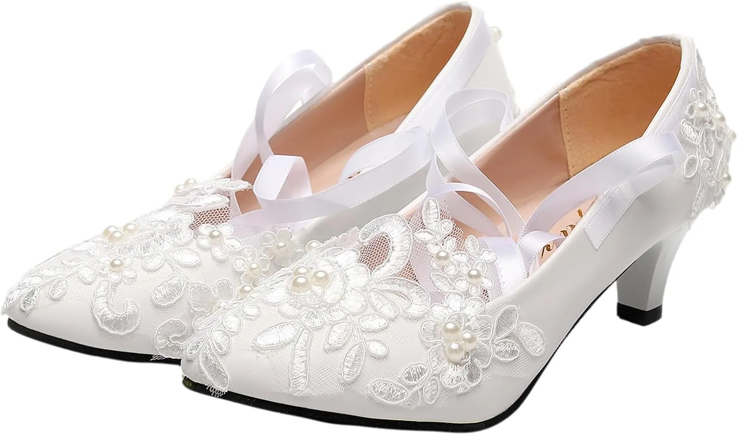 ANUFER Womens Elegant Lace Embroidery Flat/Heeled White Wedding Shoes Pumps with Pearls
