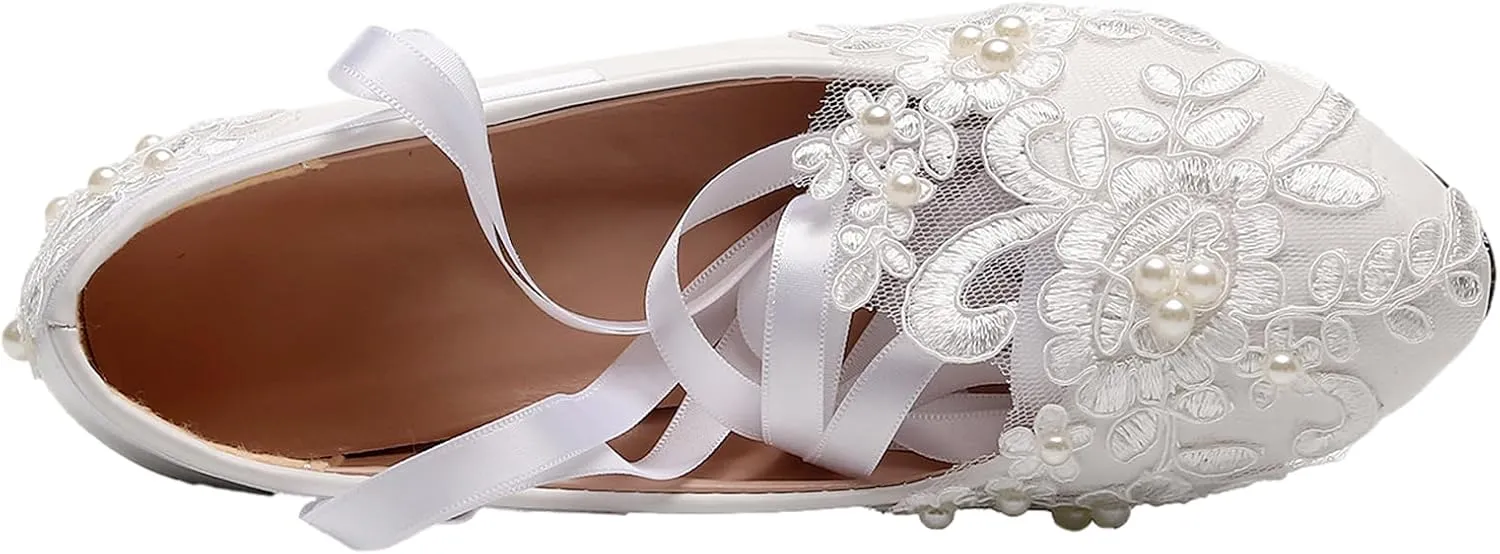 ANUFER Womens Elegant Lace Embroidery Flat/Heeled White Wedding Shoes Pumps with Pearls