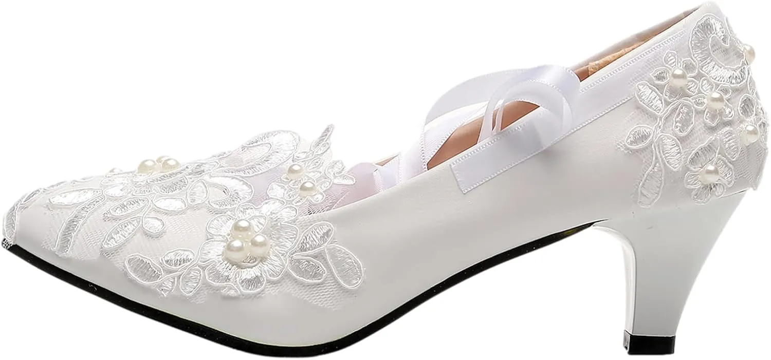 ANUFER Womens Elegant Lace Embroidery Flat/Heeled White Wedding Shoes Pumps with Pearls