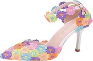 ANUFER Women's Elegant Pointed Toe Stiletto Heel Ankle Strap Pumps Floral Lace Pearls Bridal Shoes