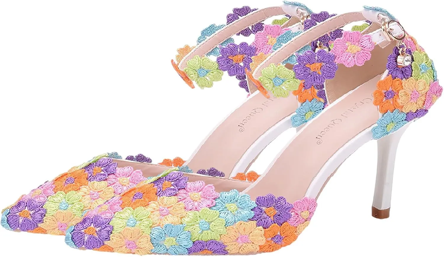 ANUFER Women's Elegant Pointed Toe Stiletto Heel Ankle Strap Pumps Floral Lace Pearls Bridal Shoes