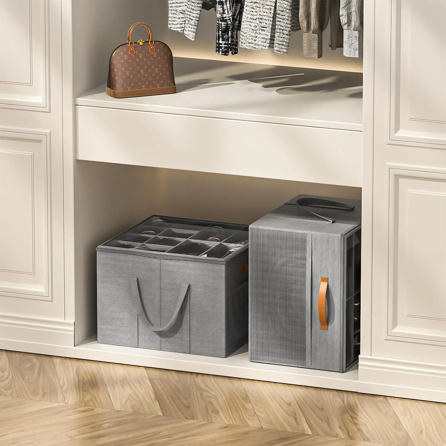 Aokeyee Shoe Storage Organizer for Closet, Large Shoe Box Storage Containers with Clear Cover and Reinforced Handles, Foldable Shoe Storage Organizer Box Bin, Fits to 12-16 Pairs, 2 Pack (Grey)