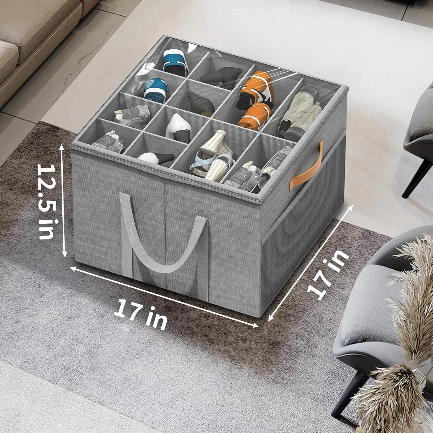 Aokeyee Shoe Storage Organizer for Closet, Large Shoe Box Storage Containers with Clear Cover and Reinforced Handles, Foldable Shoe Storage Organizer Box Bin, Fits to 12-16 Pairs, 2 Pack (Grey)