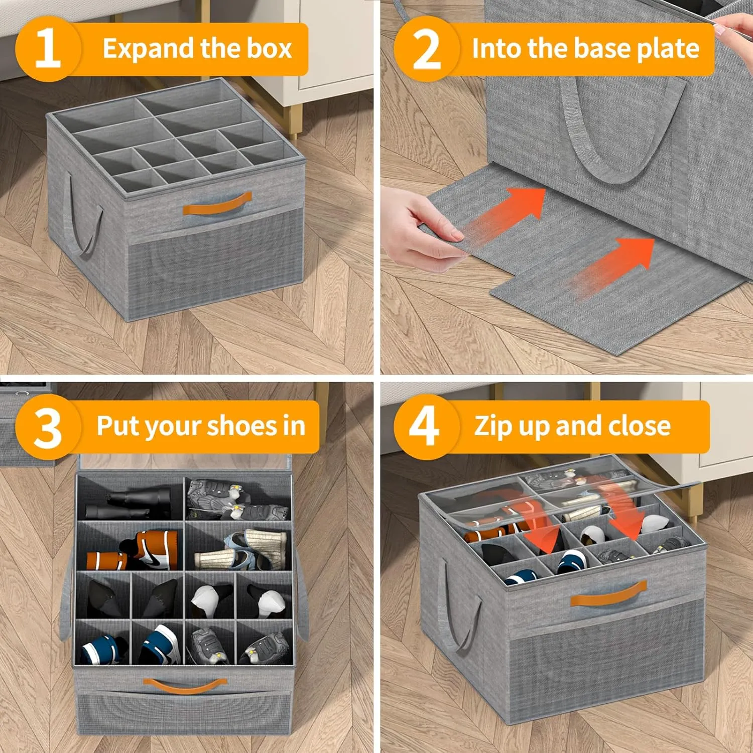 Aokeyee Shoe Storage Organizer for Closet, Large Shoe Box Storage Containers with Clear Cover and Reinforced Handles, Foldable Shoe Storage Organizer Box Bin, Fits to 12-16 Pairs, 2 Pack (Grey)