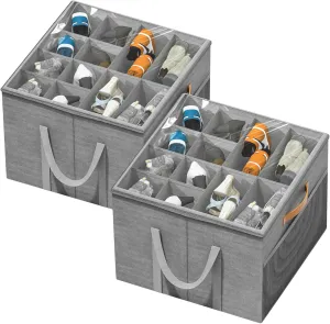 Aokeyee Shoe Storage Organizer for Closet, Large Shoe Box Storage Containers with Clear Cover and Reinforced Handles, Foldable Shoe Storage Organizer Box Bin, Fits to 12-16 Pairs, 2 Pack (Grey)
