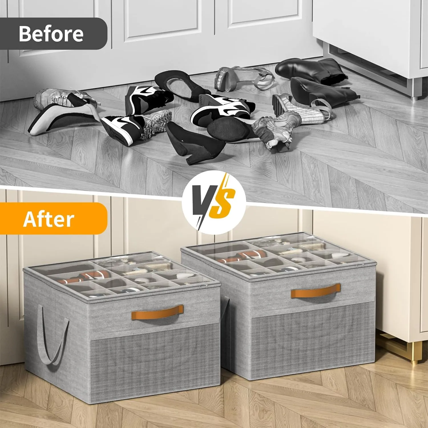 Aokeyee Shoe Storage Organizer for Closet, Large Shoe Box Storage Containers with Clear Cover and Reinforced Handles, Foldable Shoe Storage Organizer Box Bin, Fits to 12-16 Pairs, 2 Pack (Grey)