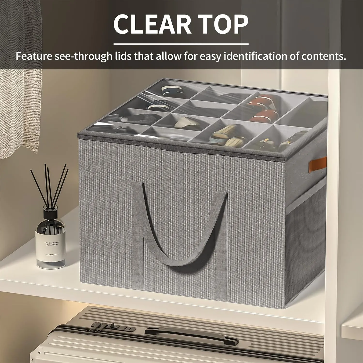 Aokeyee Shoe Storage Organizer for Closet, Large Shoe Box Storage Containers with Clear Cover and Reinforced Handles, Foldable Shoe Storage Organizer Box Bin, Fits to 12-16 Pairs, 2 Pack (Grey)