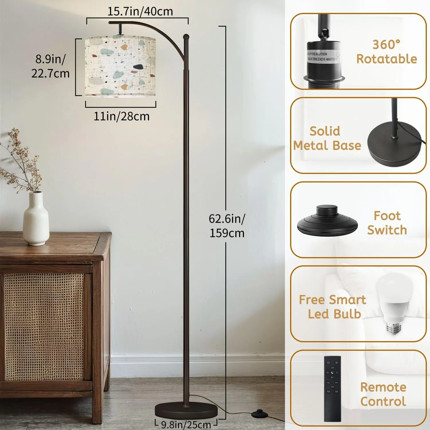 Arc Floor Lamps Flat Design Colorful terrazzo Pattern Modern LED Adjustable Lampshade Standing Light for Living Room Reading Bedroom Office