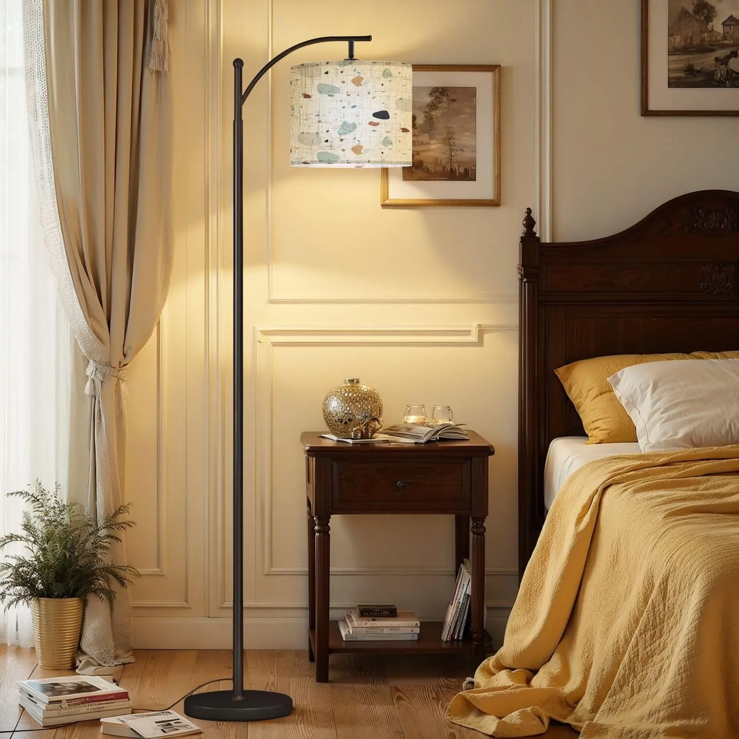Arc Floor Lamps Flat Design Colorful terrazzo Pattern Modern LED Adjustable Lampshade Standing Light for Living Room Reading Bedroom Office