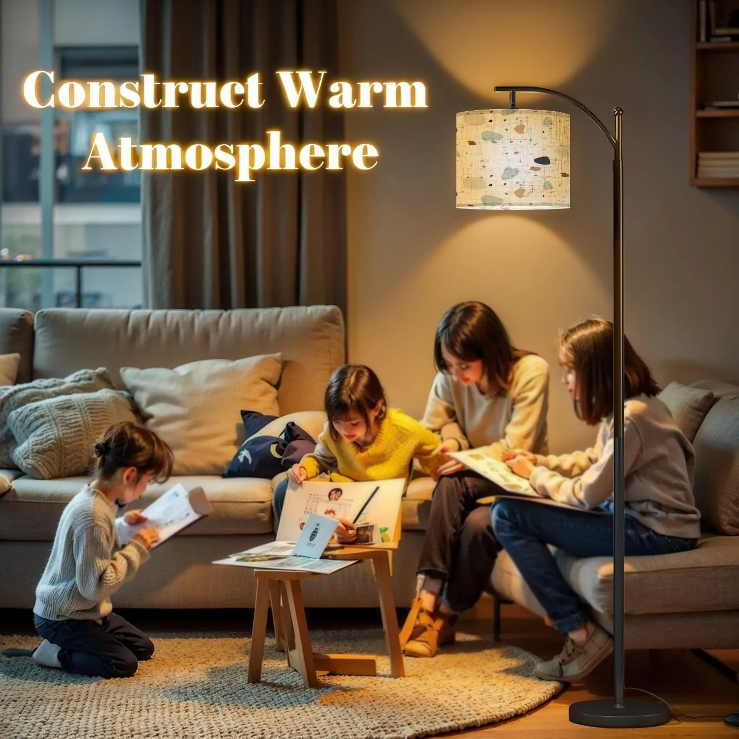 Arc Floor Lamps Flat Design Colorful terrazzo Pattern Modern LED Adjustable Lampshade Standing Light for Living Room Reading Bedroom Office