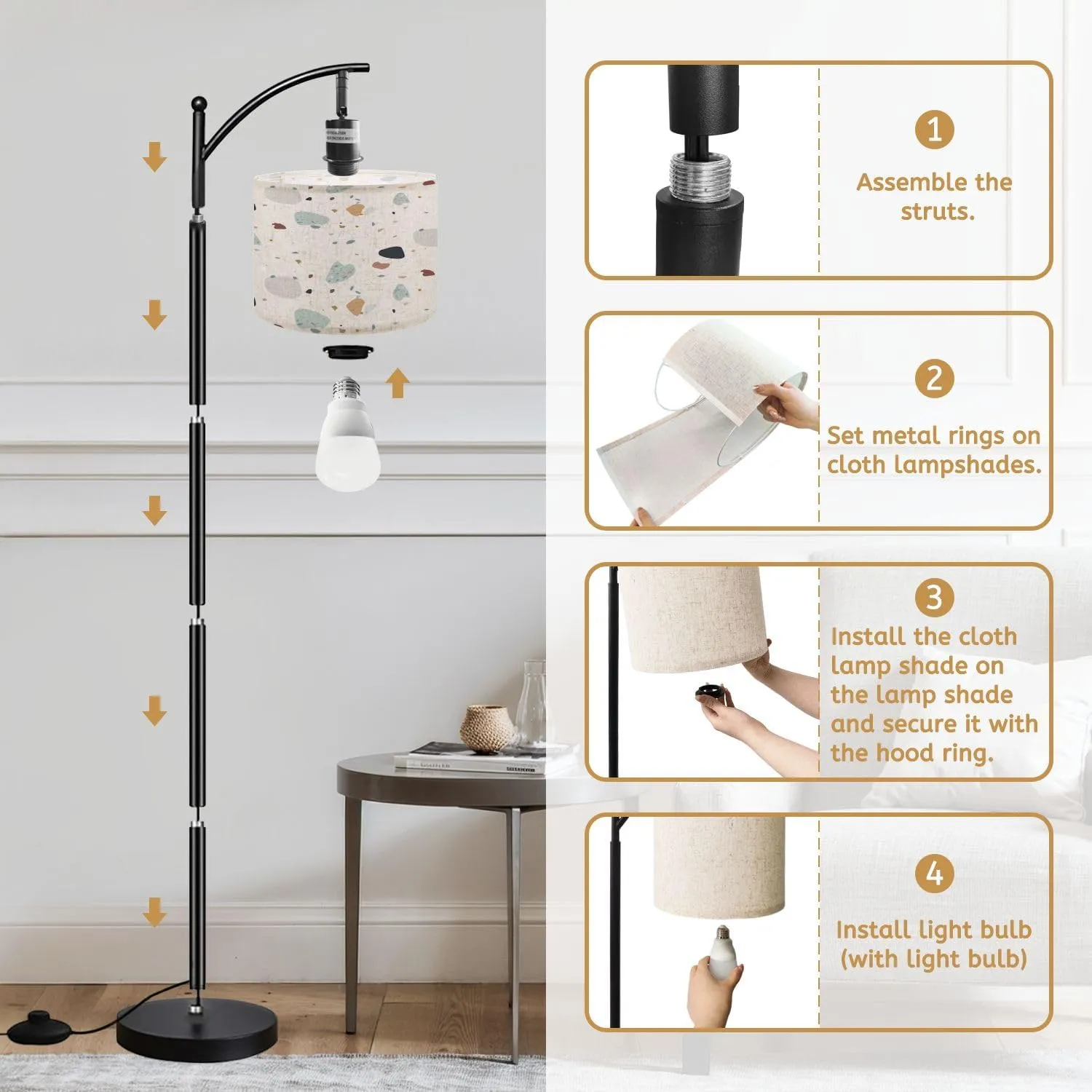 Arc Floor Lamps Flat Design Colorful terrazzo Pattern Modern LED Adjustable Lampshade Standing Light for Living Room Reading Bedroom Office
