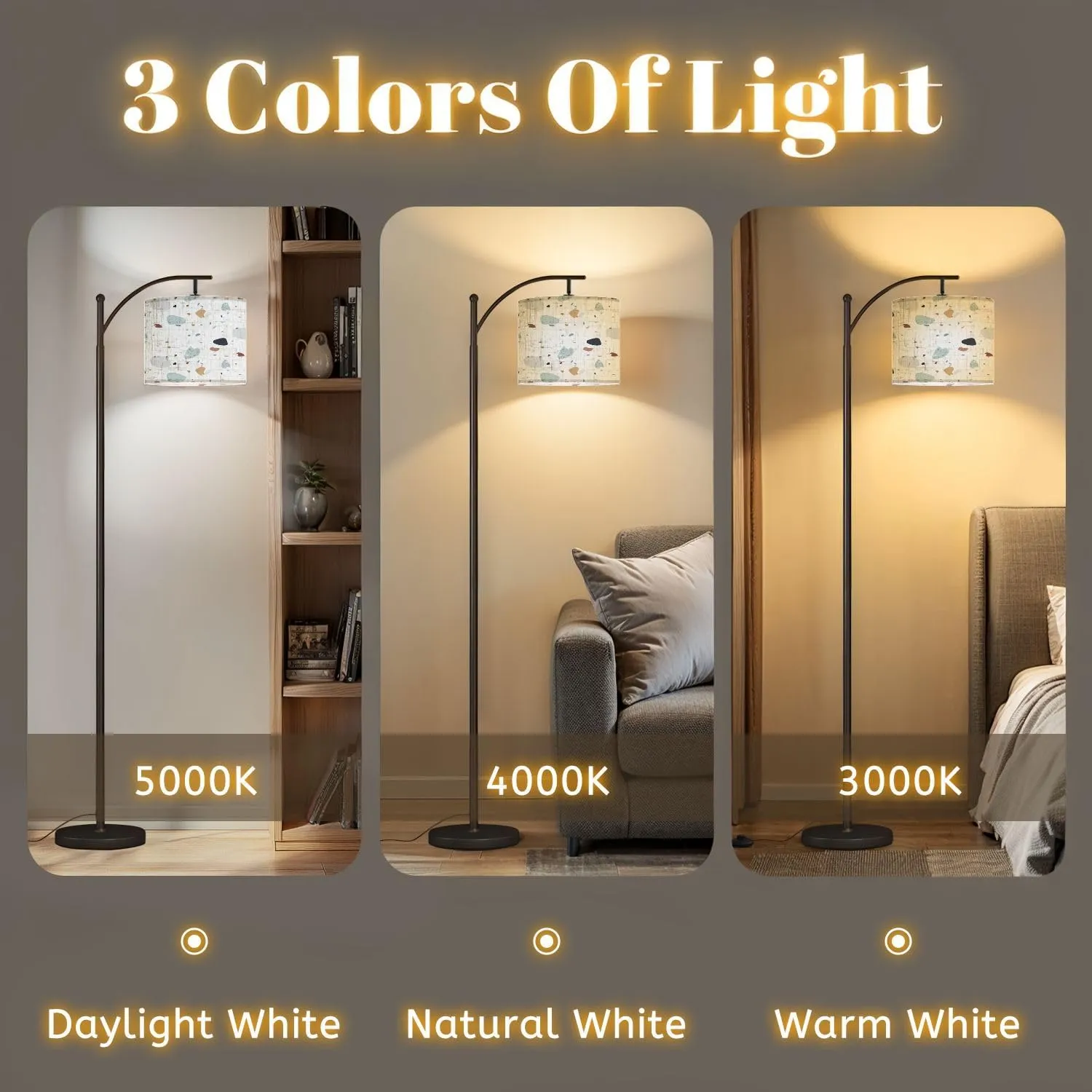 Arc Floor Lamps Flat Design Colorful terrazzo Pattern Modern LED Adjustable Lampshade Standing Light for Living Room Reading Bedroom Office