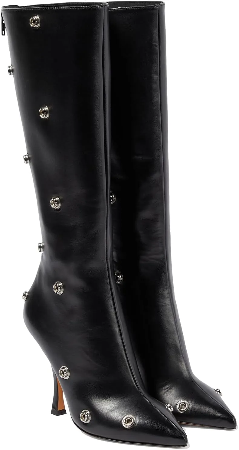 Arqa Womens Stiletto Heel Knee High Boots Pointed Toe Applique Denim Boot with Zipper Silver Buttons Fall Slouchy Boot
