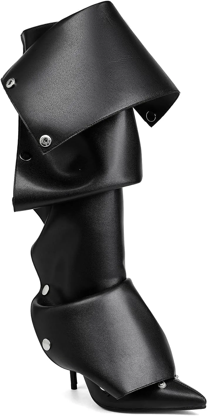 Arqa Womens Stiletto Heel Knee High Boots Pointed Toe Applique Denim Boot with Zipper Silver Buttons Fall Slouchy Boot