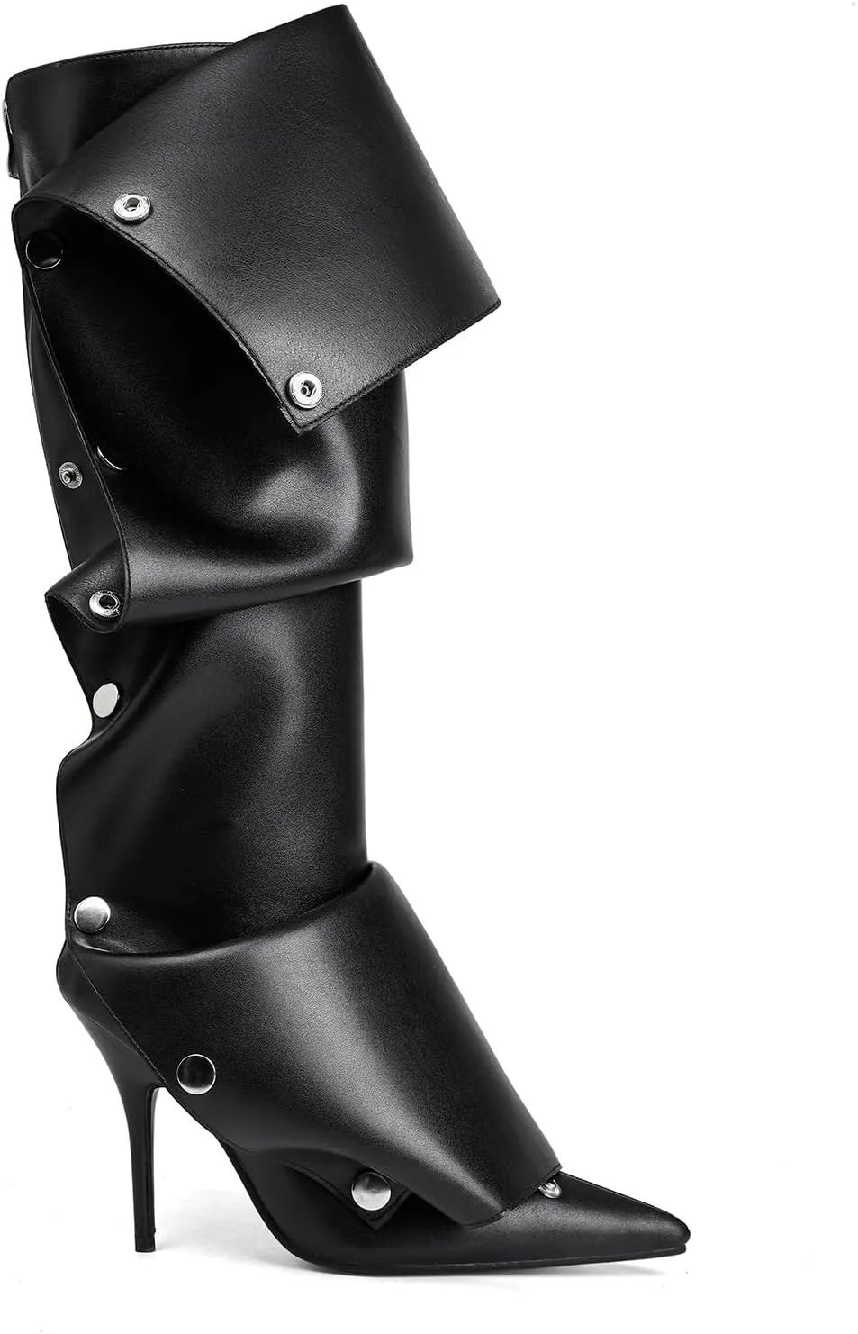 Arqa Womens Stiletto Heel Knee High Boots Pointed Toe Applique Denim Boot with Zipper Silver Buttons Fall Slouchy Boot