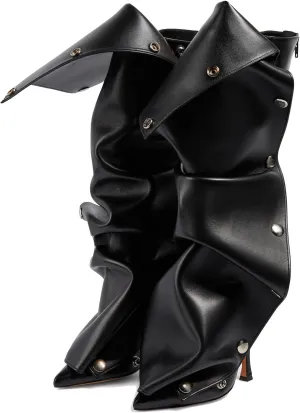 Arqa Womens Stiletto Heel Knee High Boots Pointed Toe Applique Denim Boot with Zipper Silver Buttons Fall Slouchy Boot