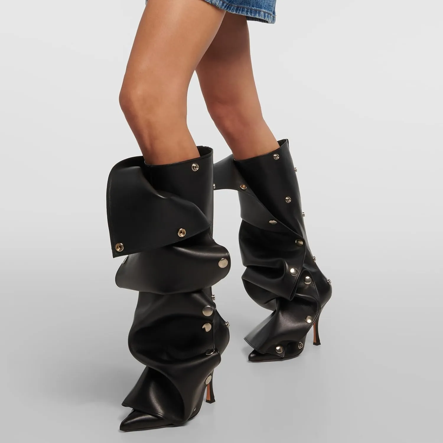 Arqa Womens Stiletto Heel Knee High Boots Pointed Toe Applique Denim Boot with Zipper Silver Buttons Fall Slouchy Boot