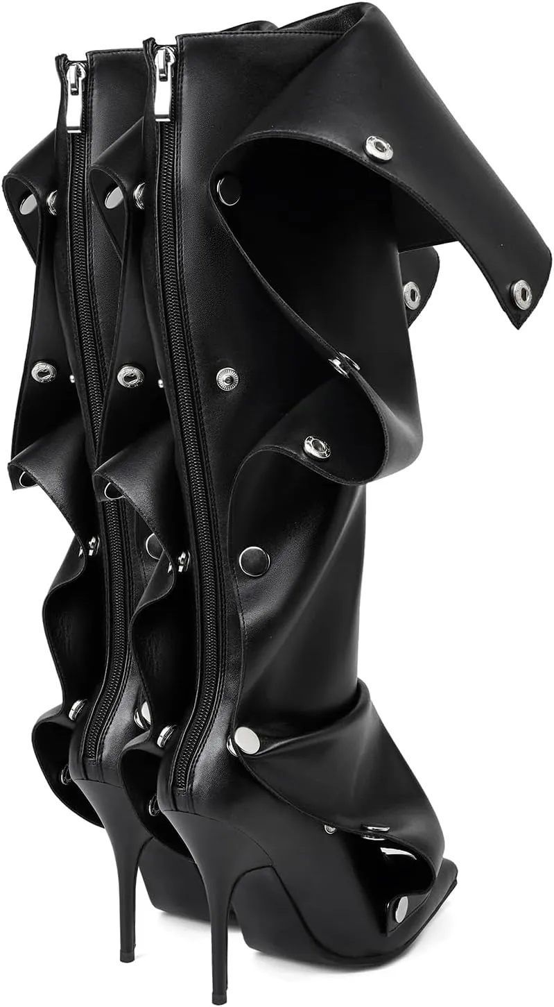 Arqa Womens Stiletto Heel Knee High Boots Pointed Toe Applique Denim Boot with Zipper Silver Buttons Fall Slouchy Boot