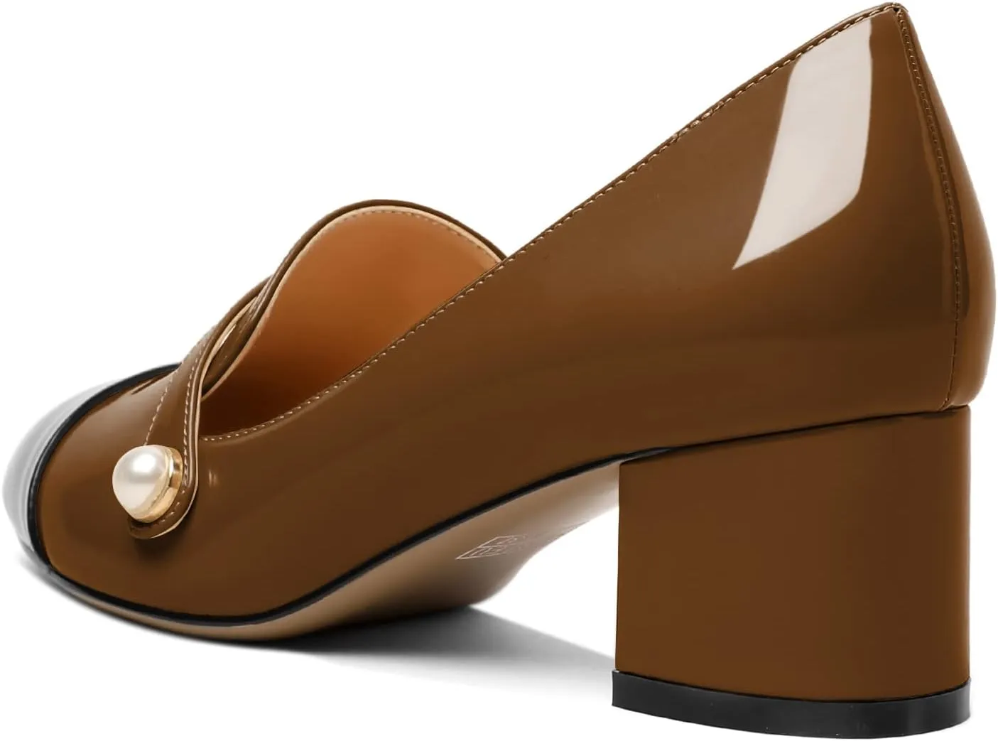 AUMOTED Women's Block Heels Pumps Slip On Chunky Low Heels Round Cap Toe with Pearl Pumps for Wedding Party Office Classic Patent Leather Dress Shoes 2 Inches