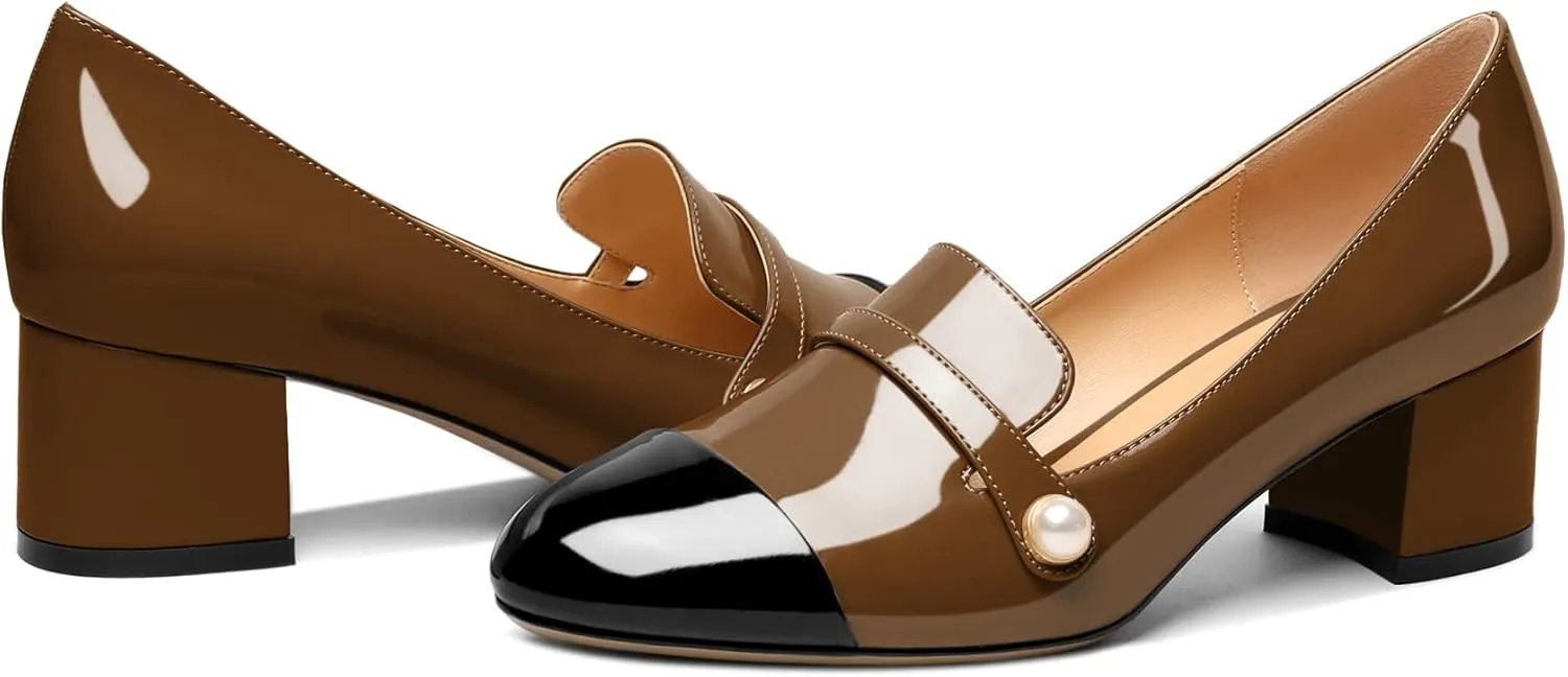 AUMOTED Women's Block Heels Pumps Slip On Chunky Low Heels Round Cap Toe with Pearl Pumps for Wedding Party Office Classic Patent Leather Dress Shoes 2 Inches