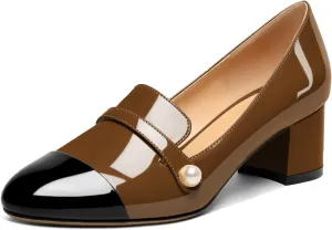 AUMOTED Women's Block Heels Pumps Slip On Chunky Low Heels Round Cap Toe with Pearl Pumps for Wedding Party Office Classic Patent Leather Dress Shoes 2 Inches