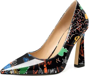 AUMOTED Women's Stilettos High Heels Close Pointed Toe Spool Slip-on Heels Pumps Patent Solid Dating Party Dress Shoes 4 Inch