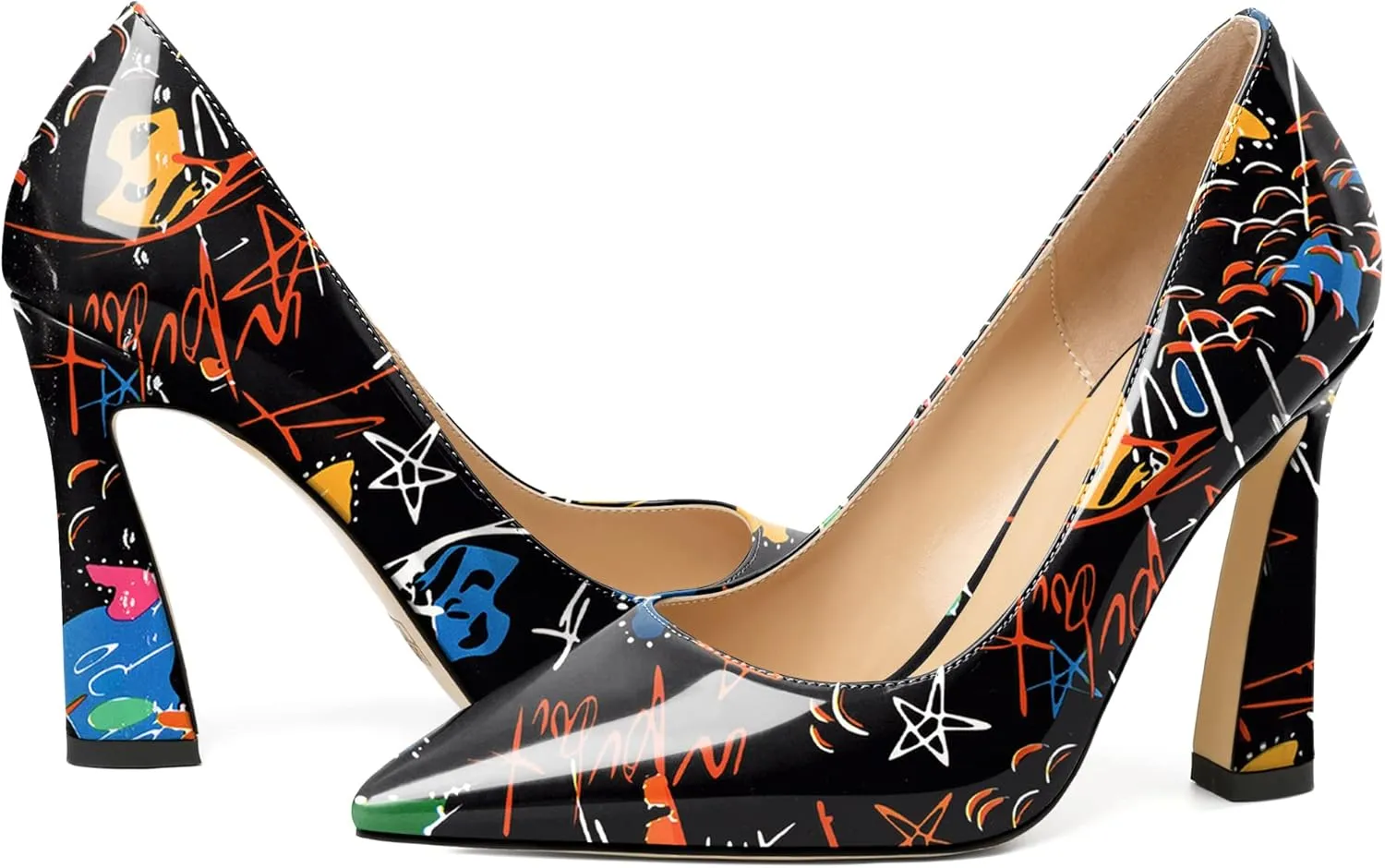 AUMOTED Women's Stilettos High Heels Close Pointed Toe Spool Slip-on Heels Pumps Patent Solid Dating Party Dress Shoes 4 Inch