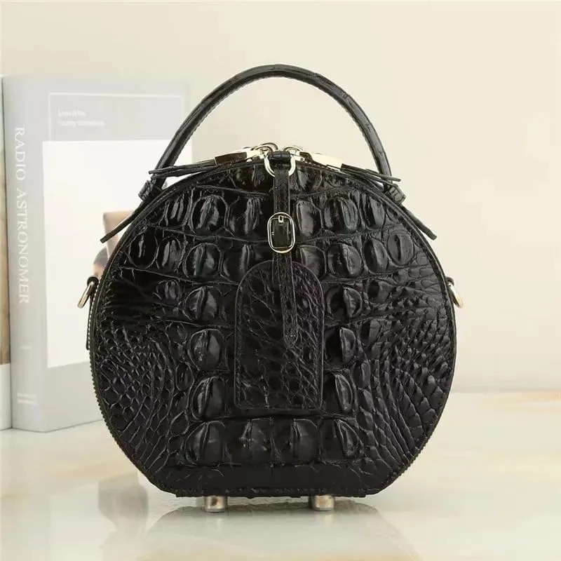Authentic Crocodile Leather Lady Small Handbag Genuine Alligator Skin Classic Black Women Round Purse Female Shoulder Bag