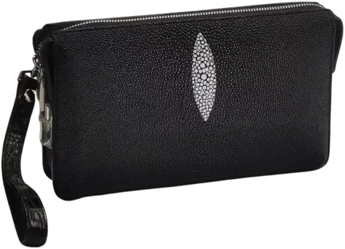 Authentic Real True Stingray Skin Passcode ZIP Closure Men's Wristlets Bag Genuine Exotic Leather Male Small Clutch Card Purse Large black capacity