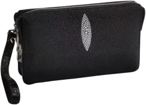Authentic Real True Stingray Skin Passcode ZIP Closure Men's Wristlets Bag Genuine Exotic Leather Male Small Clutch Card Purse Large black capacity