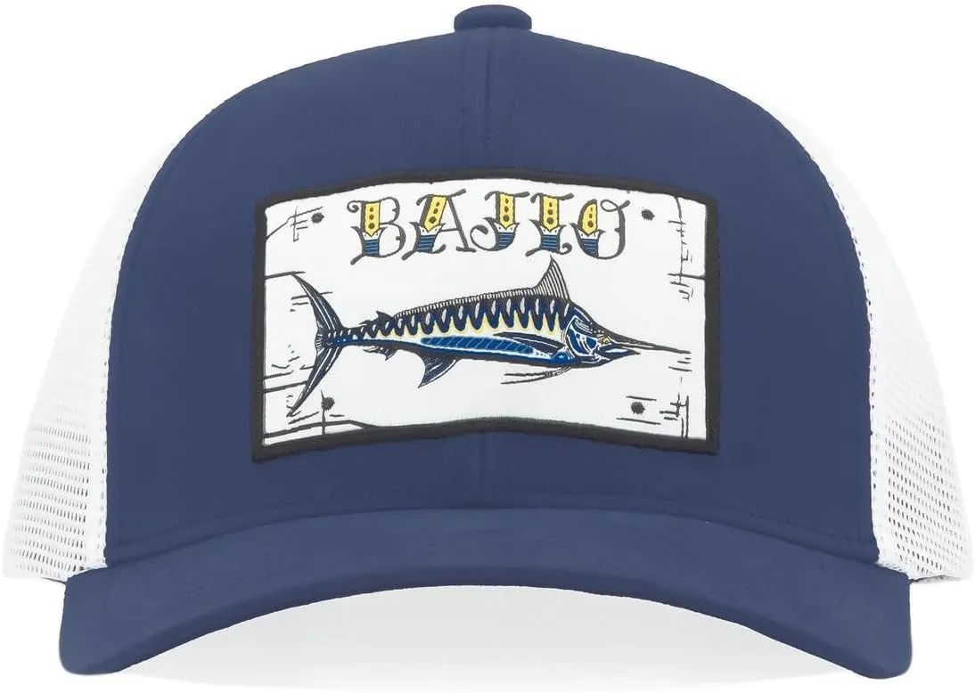 Bajío Flat Brim Fishing Hat – Marine Art Snapback Trucker Cap with Embroidered Ocean Design, Breathable and Coastal-Ready