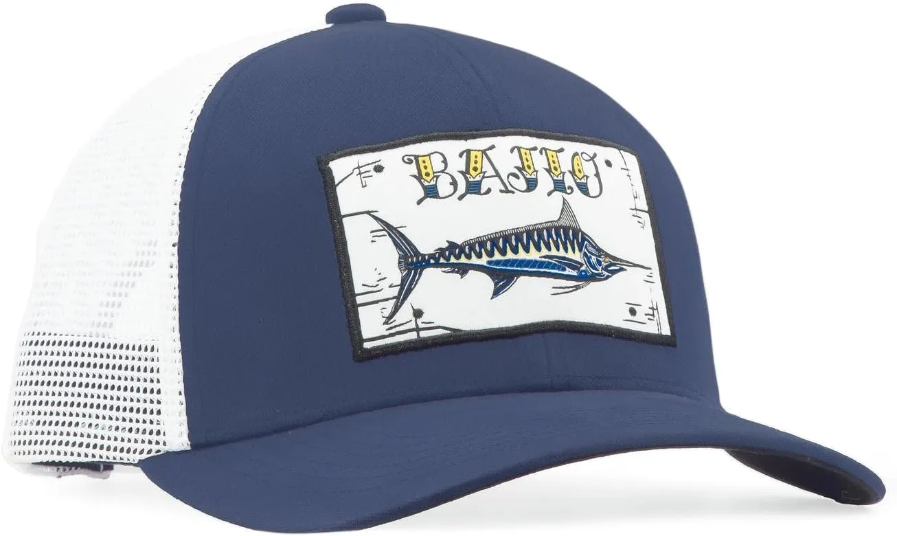Bajío Flat Brim Fishing Hat – Marine Art Snapback Trucker Cap with Embroidered Ocean Design, Breathable and Coastal-Ready