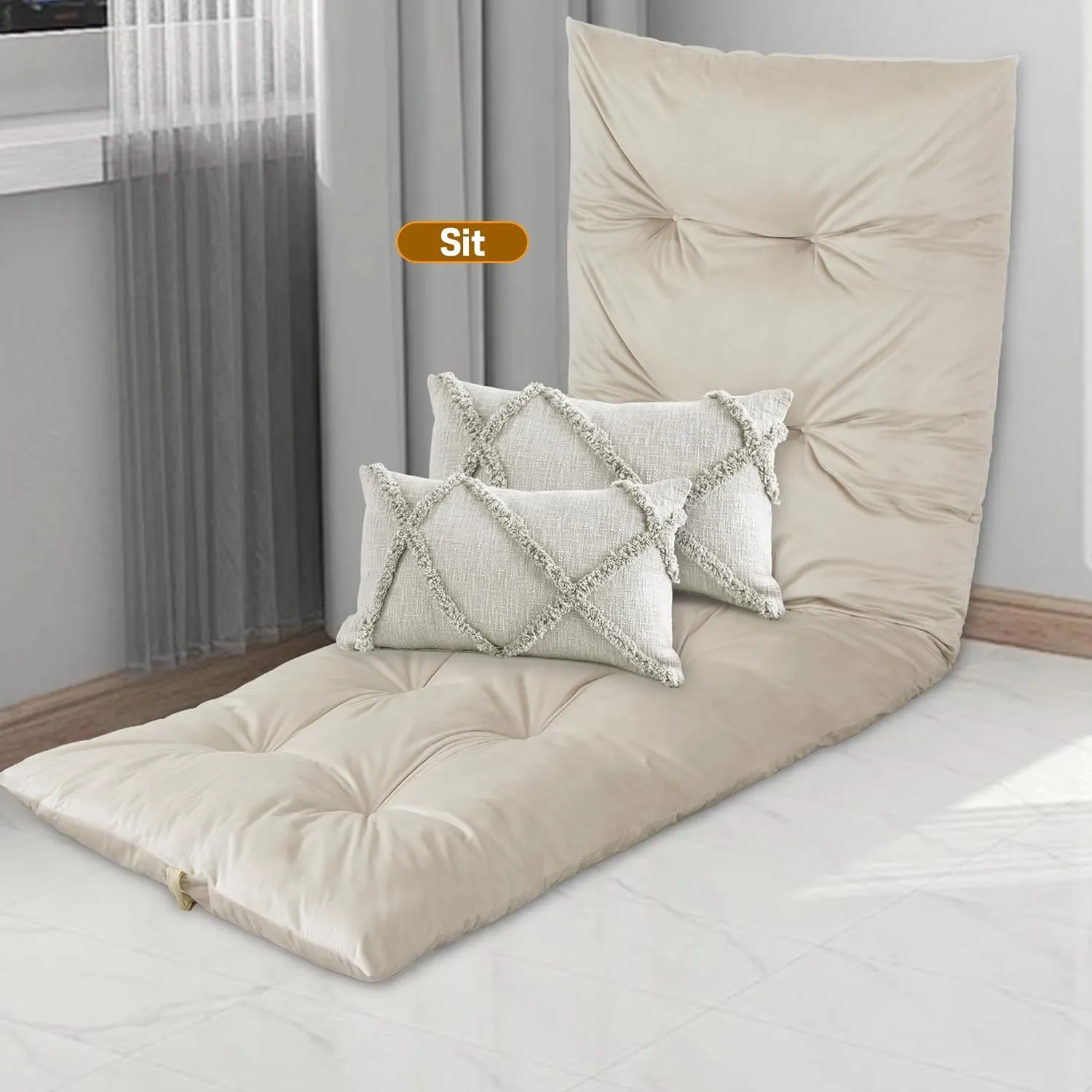 BALAPET Floor Lounger Pillow,Foldable Light Thick Tufted Floor Pillow Cushion with Elasticized Webbing for Easy Storage.Floor Lounger for Meditation,Playing,Yoga,Reading,Sleeping(Beige White)