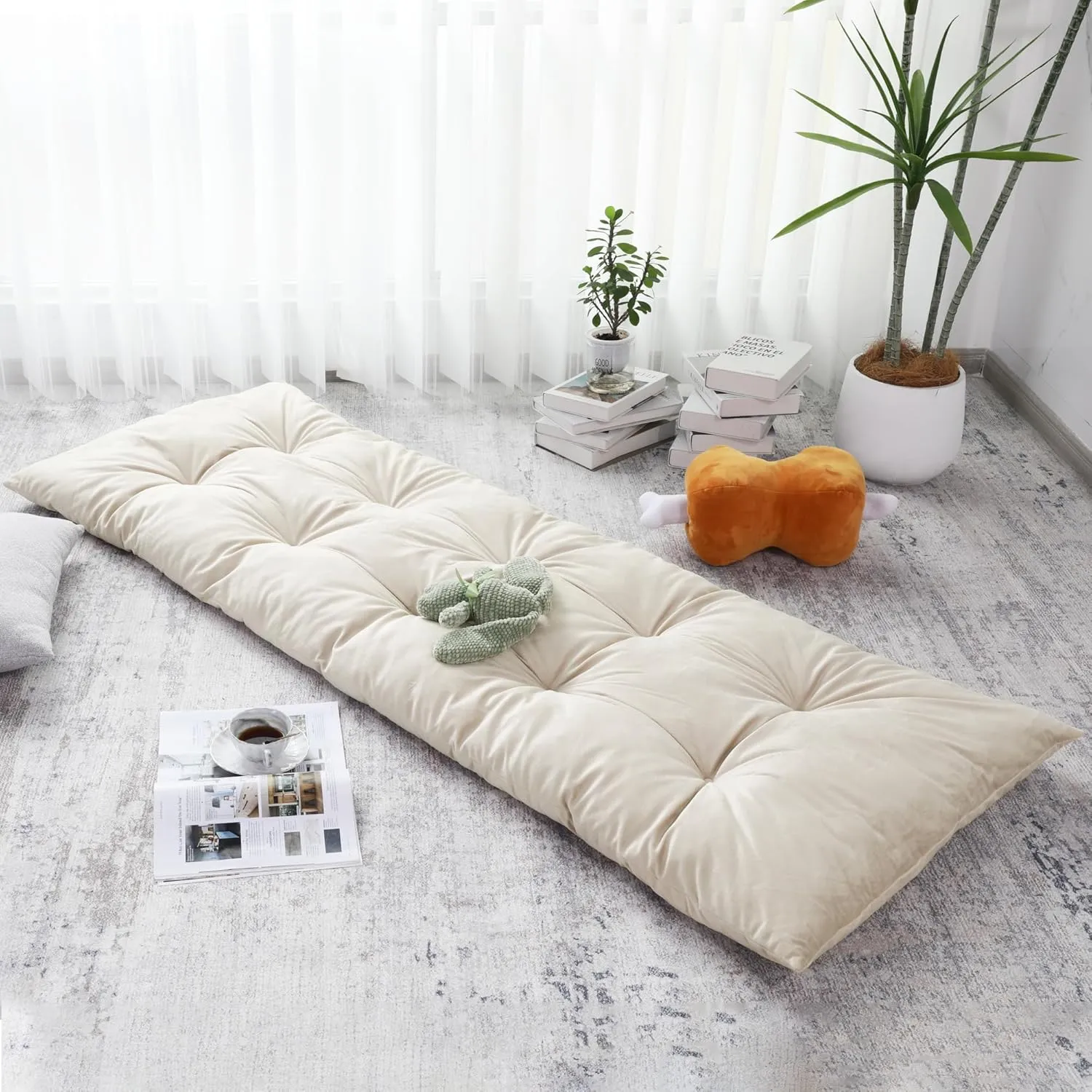 BALAPET Floor Lounger Pillow,Foldable Light Thick Tufted Floor Pillow Cushion with Elasticized Webbing for Easy Storage.Floor Lounger for Meditation,Playing,Yoga,Reading,Sleeping(Beige White)