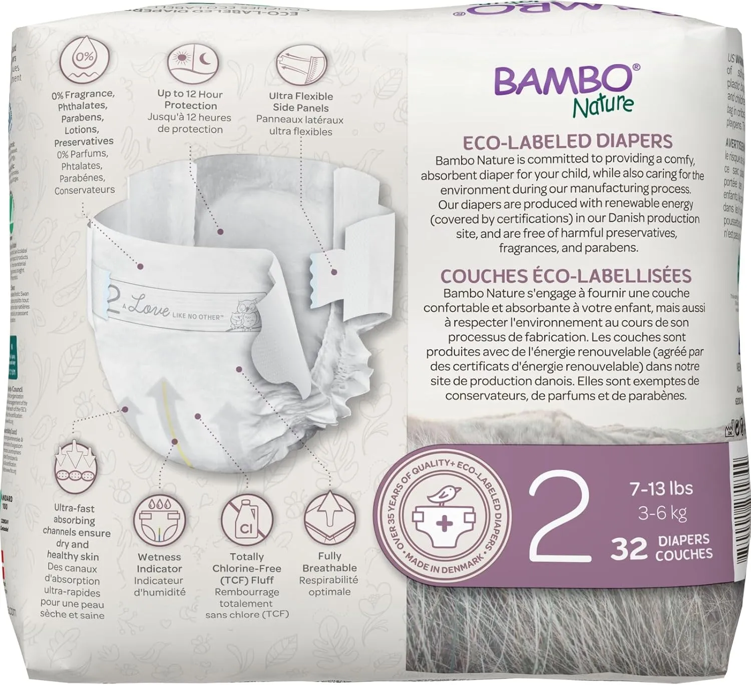 Bambo Nature Hypoallergenic Baby Diapers, Eco-Labelled Sustainable Diapers, Enhanced Leakage Protection, Totally Chlorine-free, Skin Friendly, and Super Absorbent - Size 2 (32 Count)