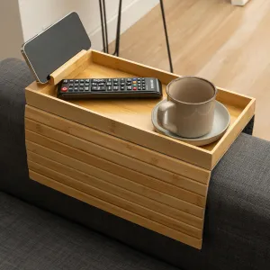 Bamboo Sofa Arm Tray – Foldable Couch Arm Table for Drinks, Snacks, Phone – Portable Armrest Tray for Sofa, Recliner or Chair – No Assembly Required