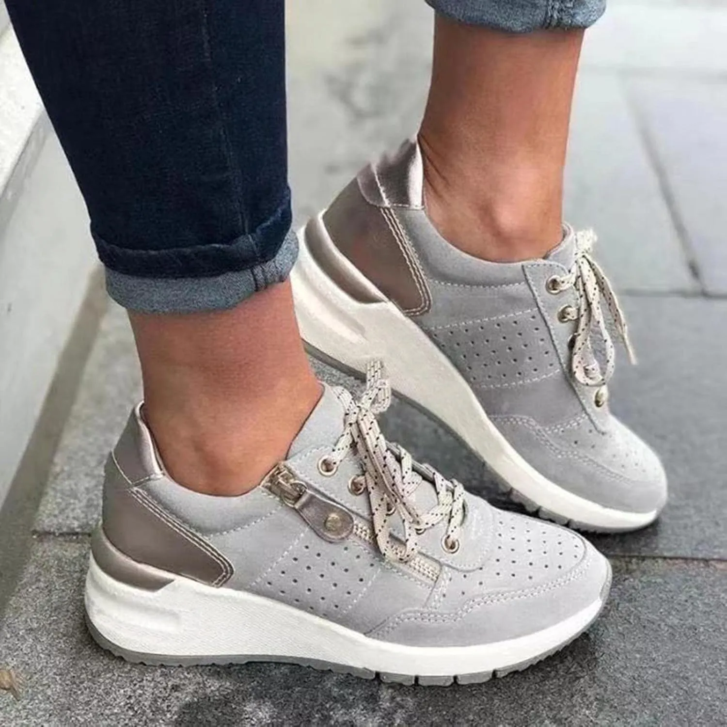 Bcshiye Women's Running Shoes Lace Up Breathable Walking Sneakers Low Top Hidden Sneakers Wedge Sneakers for Women