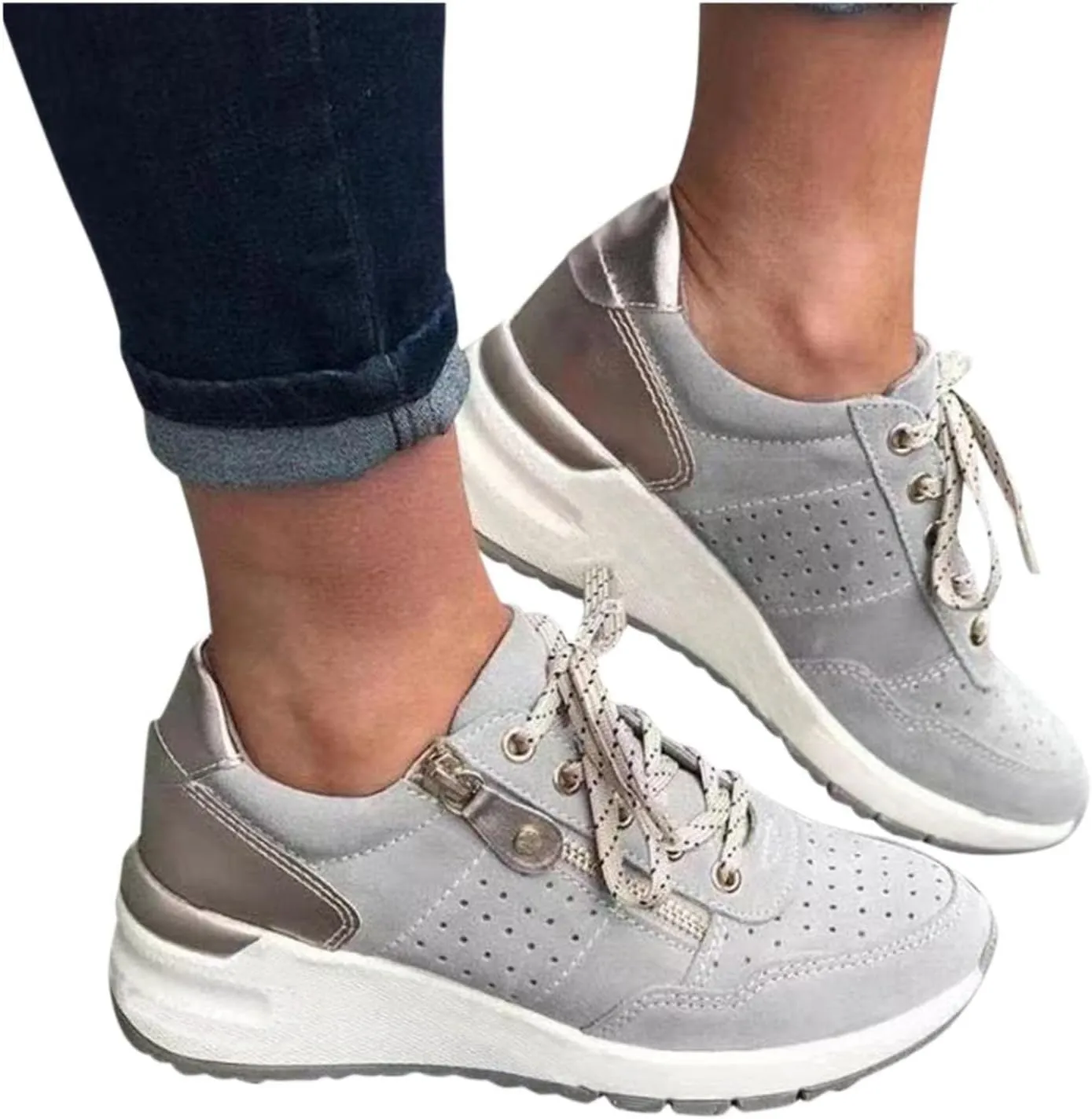 Bcshiye Women's Running Shoes Lace Up Breathable Walking Sneakers Low Top Hidden Sneakers Wedge Sneakers for Women