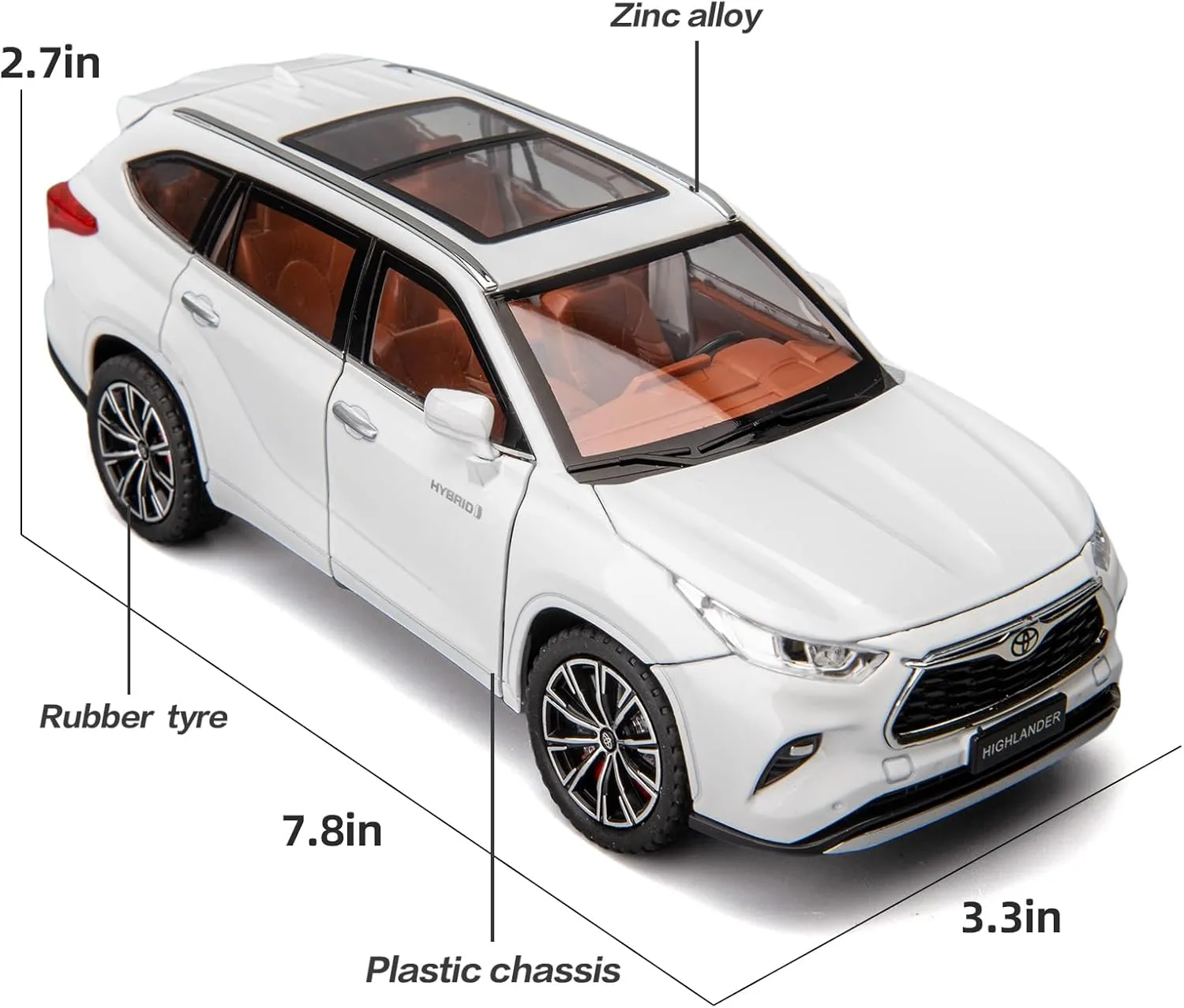 BDTCTK 1/24 Highlander Model Car, Zinc Alloy Pull Back Toy car with Sound and Light for Kids Boy Girl Gift(White)