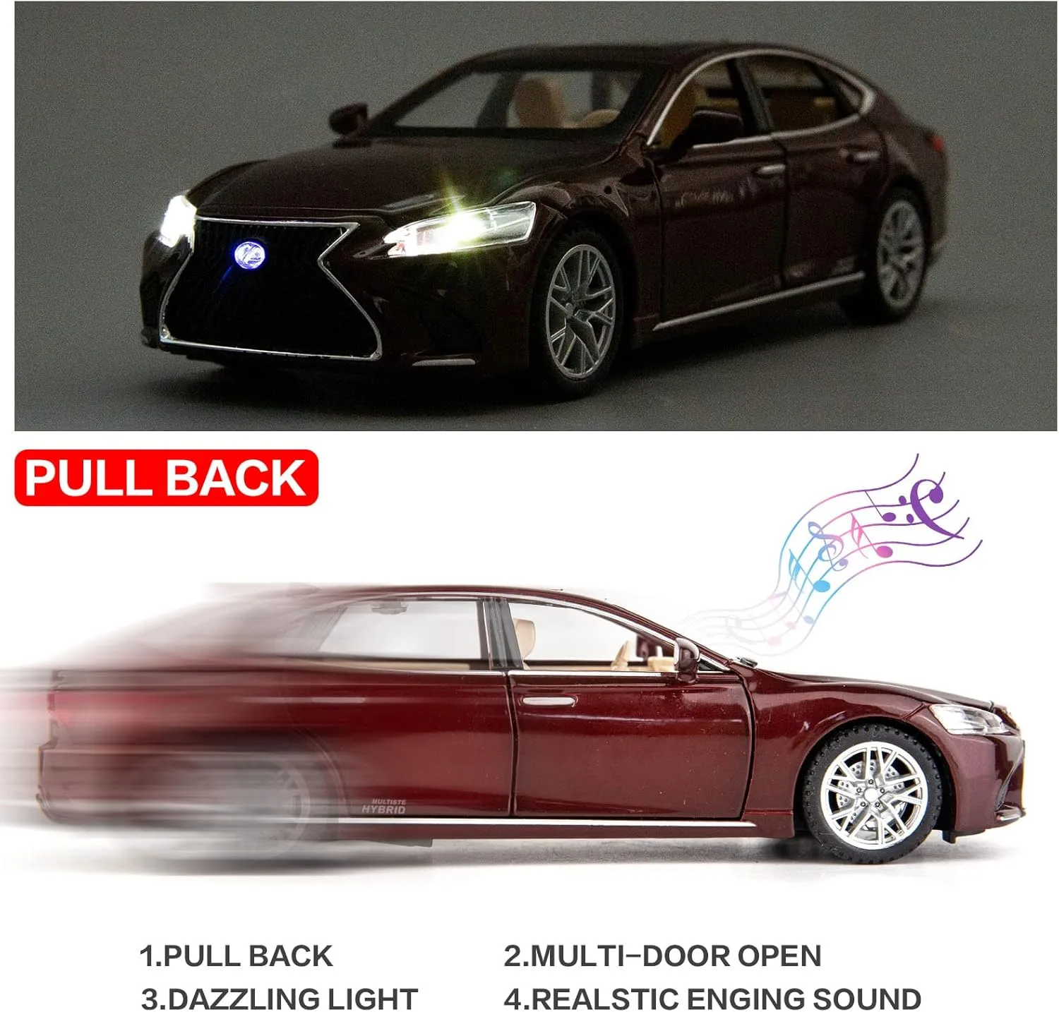 BDTCTK 1/32 Compatible for Lexus Ls500h Model Car, Zinc Alloy Pull Back Toy car with Sound and Light for Kids Boy Girl Gift(Brown)