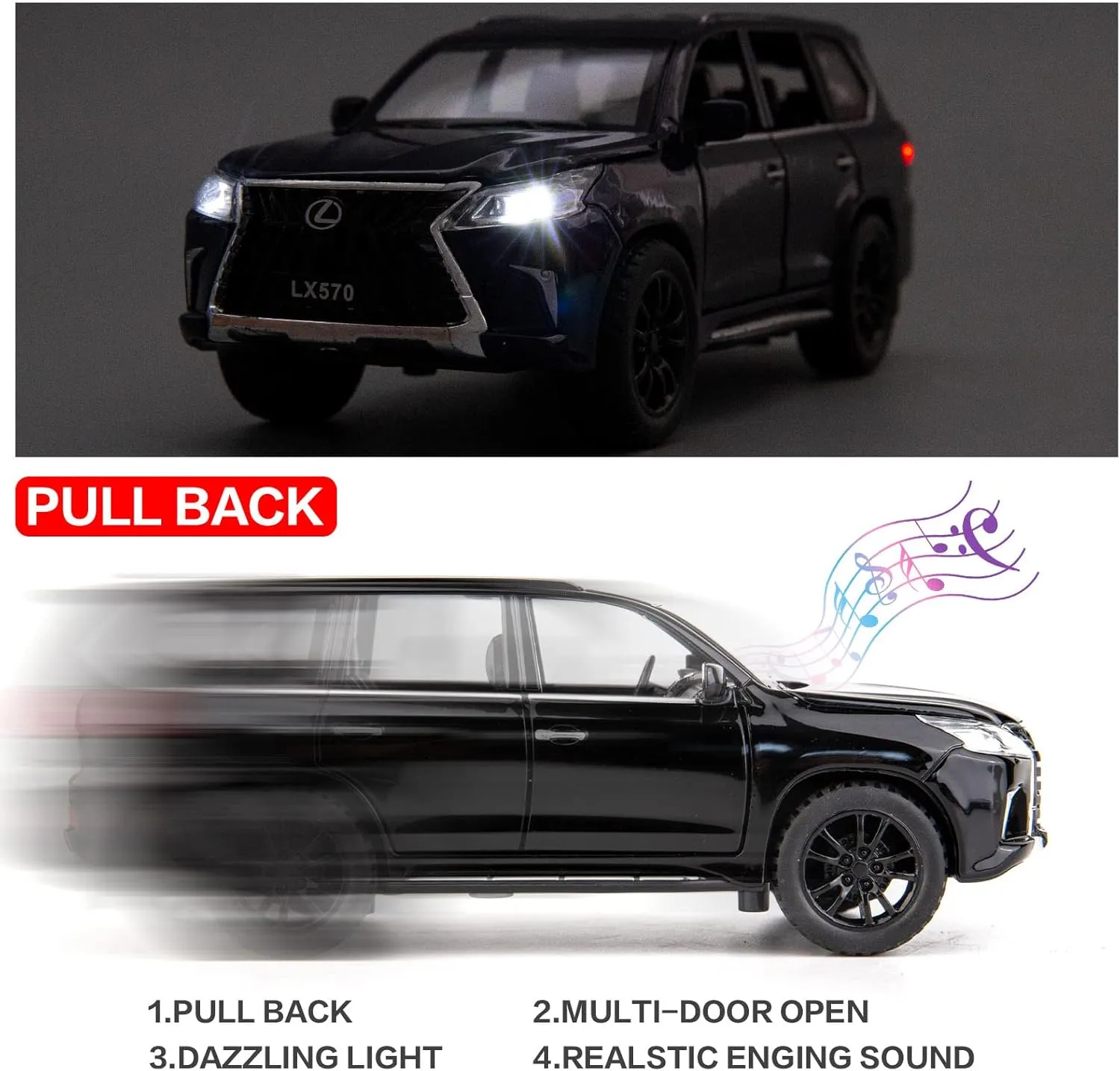 BDTCTK 1/32 Compatible for Lexus LX570 Off-Road in Luxury SUV Model Car, Zinc Alloy Pull Back Toy car with Sound and Light for Kids Boy Girl Gift(Black)