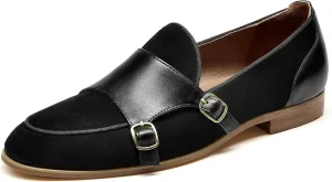 BEAU TODAY Monk Straps Loafers for Women Double Buckles Design Womens Leather Flat Shoes Comfort Business Slip-on Casual Round Toe Loafer Shoes