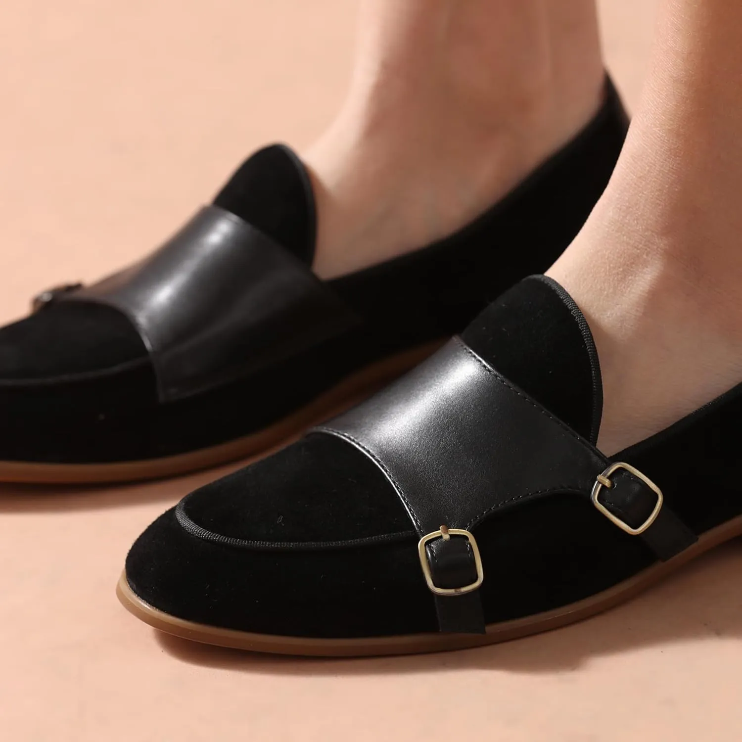 BEAU TODAY Monk Straps Loafers for Women Double Buckles Design Womens Leather Flat Shoes Comfort Business Slip-on Casual Round Toe Loafer Shoes
