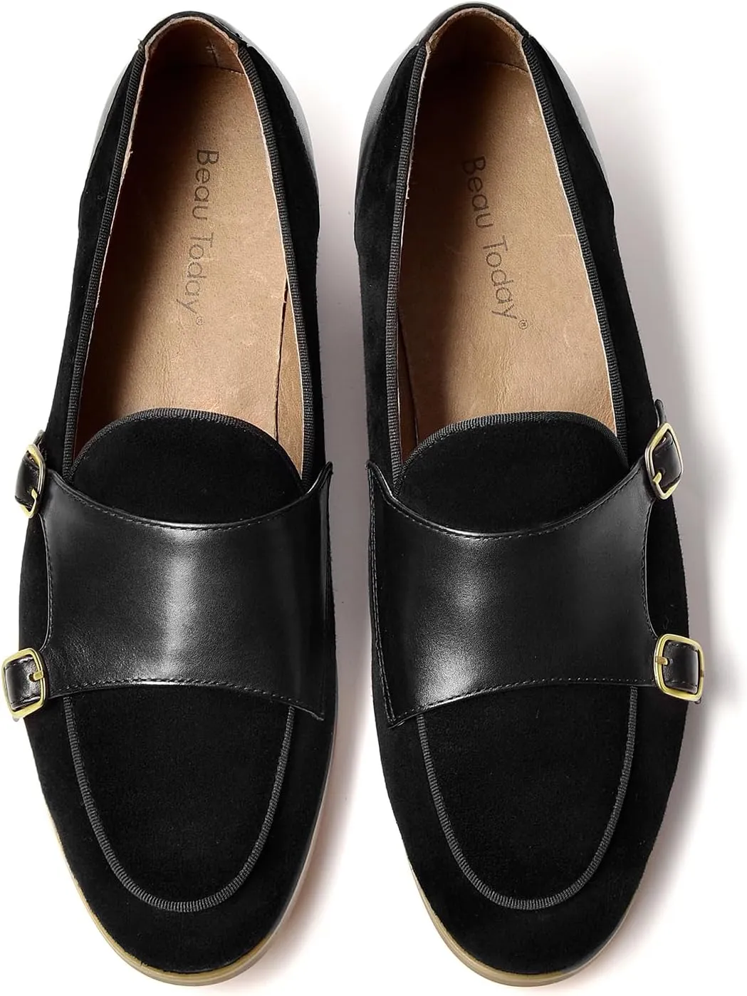 BEAU TODAY Monk Straps Loafers for Women Double Buckles Design Womens Leather Flat Shoes Comfort Business Slip-on Casual Round Toe Loafer Shoes